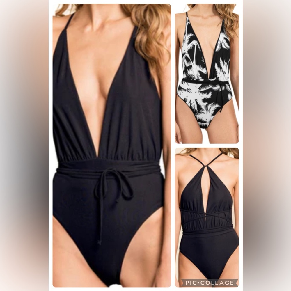 Jade Black Safari Plunge One Piece in Black/White, Size S